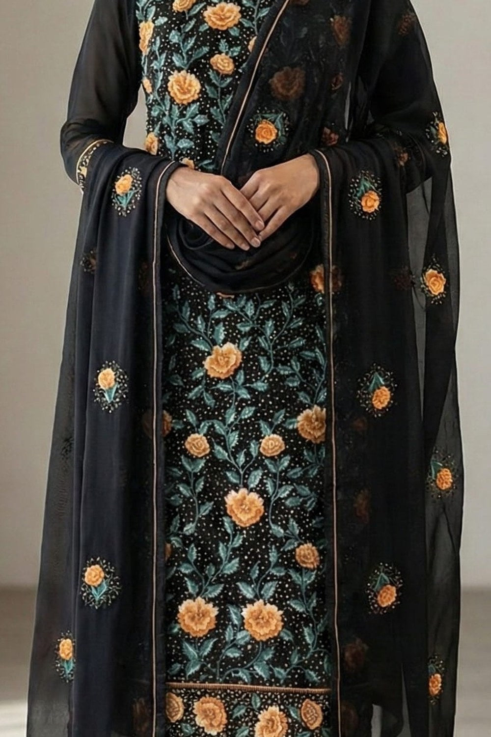 Black Georgette Kameez With Pant For Indian & Pakistani Wedding Festival - Thread & Sequins Embroidery Work - detail view