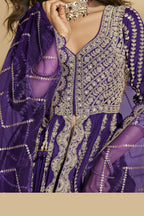 Purple Chinon Silk Front Slit Anarkali With Skirt Suit For Indian & Pakistani Wedding Festival - Sequins & Thread Embroidery Work, Dori Work - hem and footwear detail