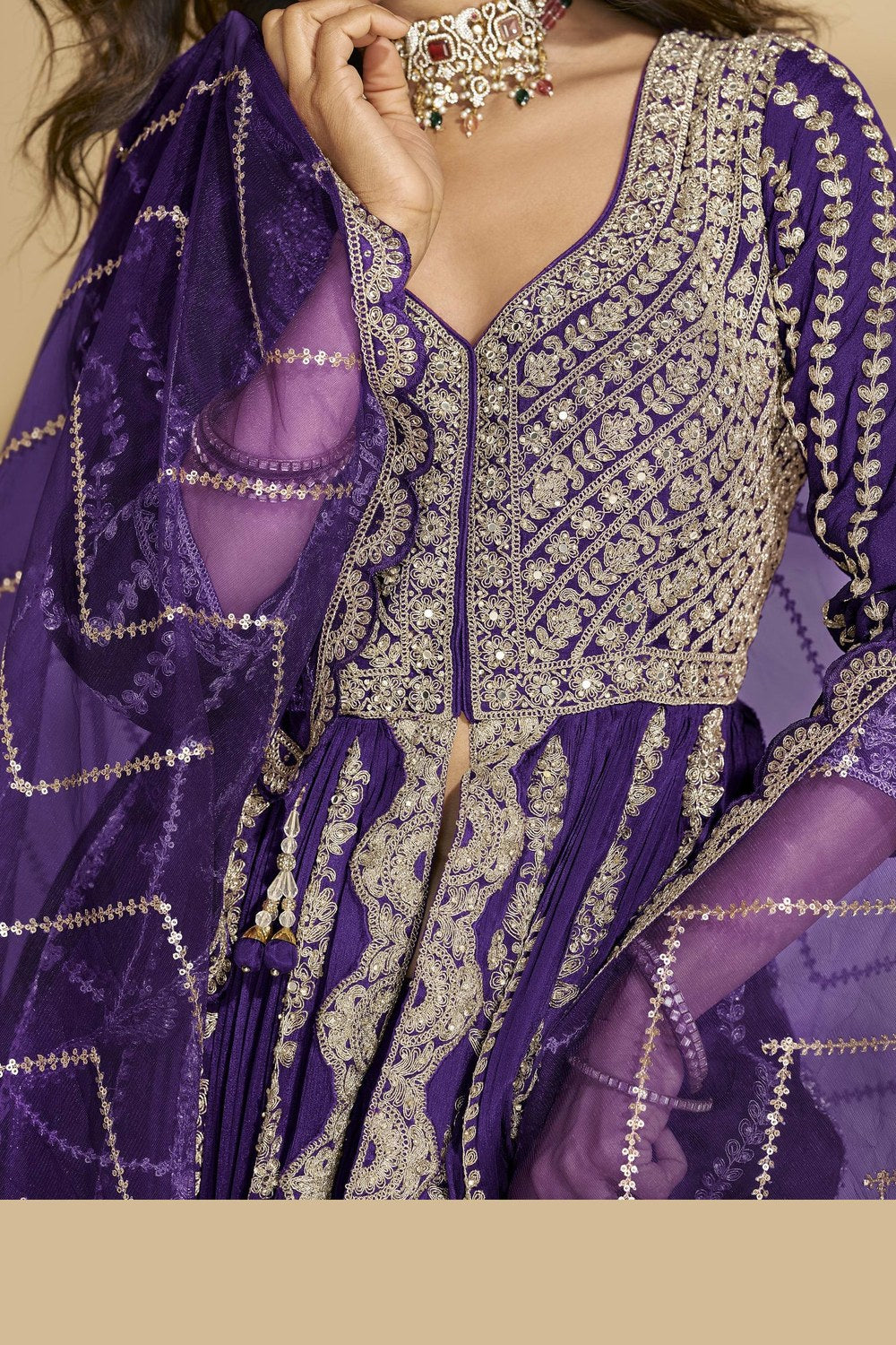 Purple Chinon Silk Front Slit Anarkali With Skirt Suit For Indian & Pakistani Wedding Festival - Sequins & Thread Embroidery Work, Dori Work - hem and footwear detail