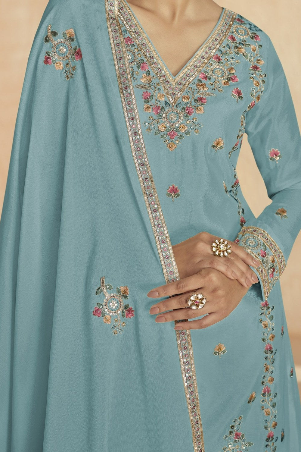 Ocean Blue Chinon Silk Traditional Hindu Wedding Dresses Kameez with Plazo - Embroidery Work - hem and footwear detail