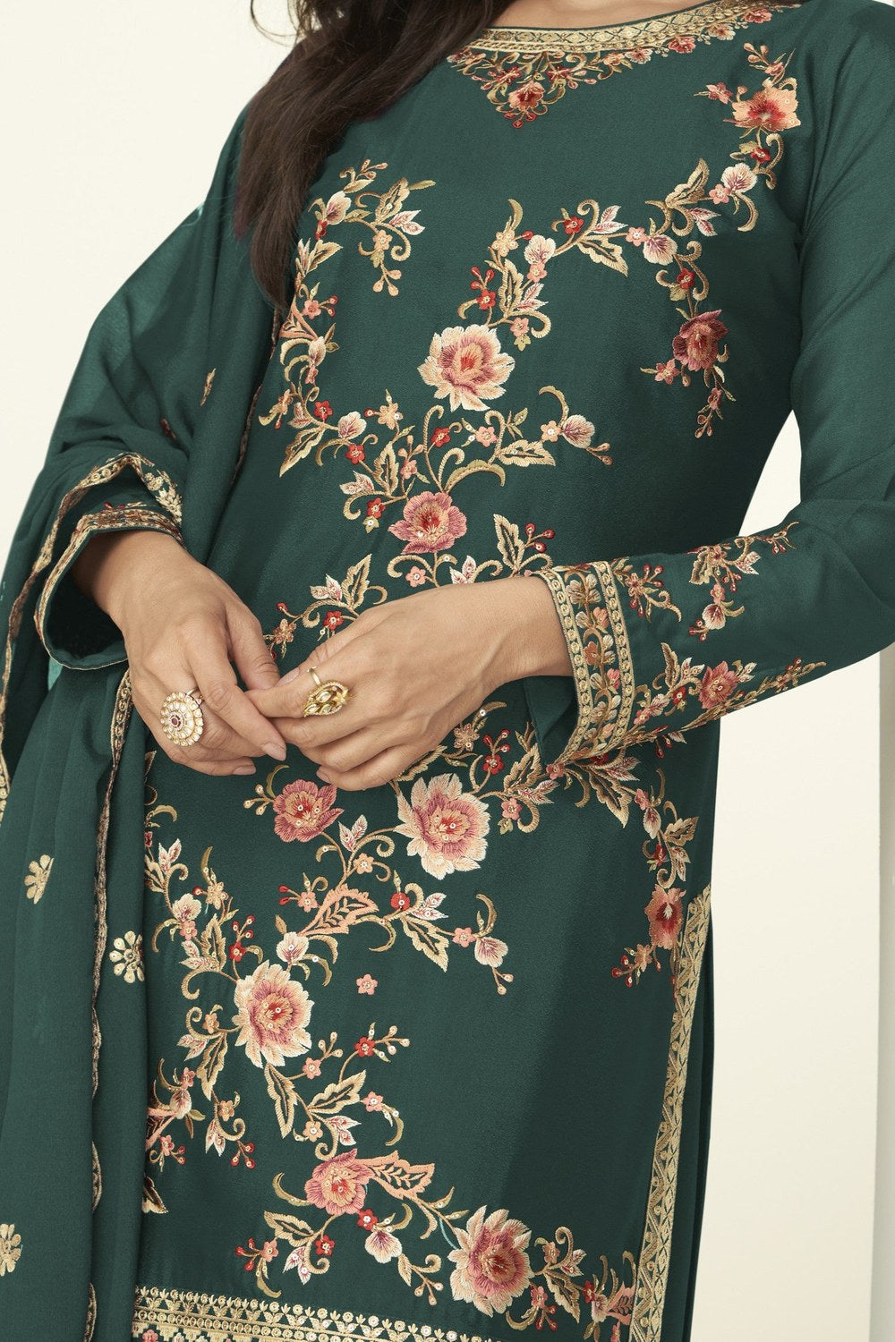 Green Chinon Silk Palazzo Suit For Indian & Pakistani Wedding Festival - Thread Embroidery Work - hem and footwear detail
