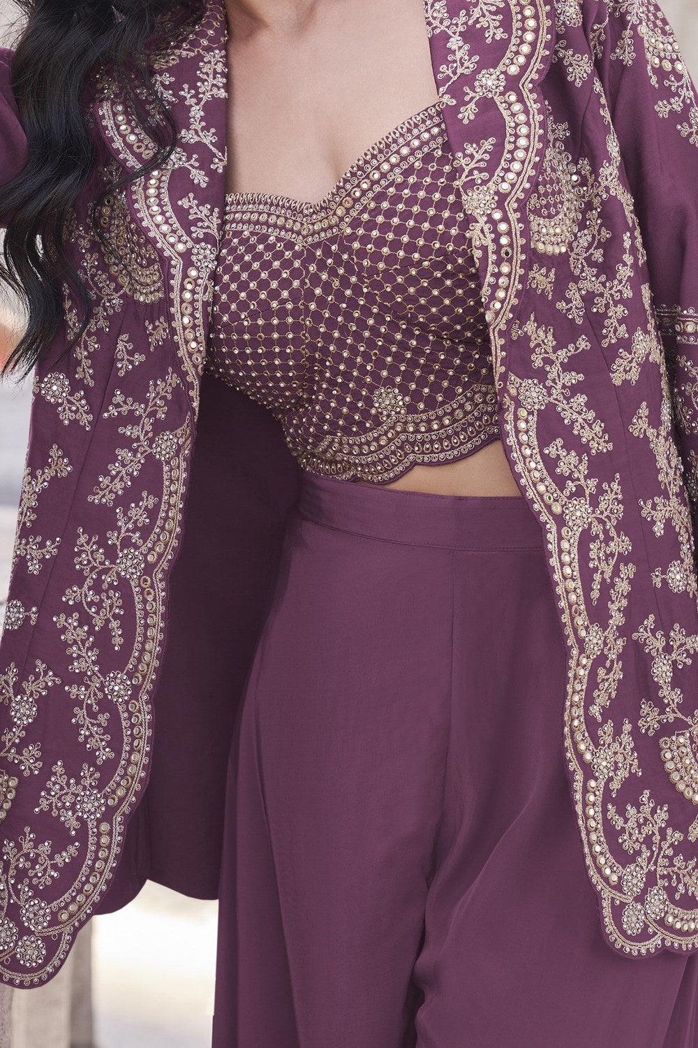 Light Maroon Chinon Silk Plazo Suit For Indian Weddings & Pakitani Festival - Embroidery Work - hem and footwear detail