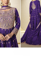 Purple Chinon Silk Kameez With Pant For Indian & Pakistani Wedding Festival - Sequins & Thread Embroidery Work - hem and footwear detail