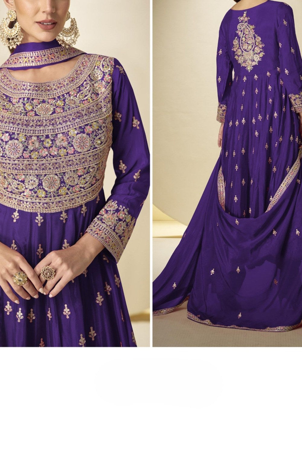 Purple Chinon Silk Kameez With Pant For Indian & Pakistani Wedding Festival - Sequins & Thread Embroidery Work - hem and footwear detail