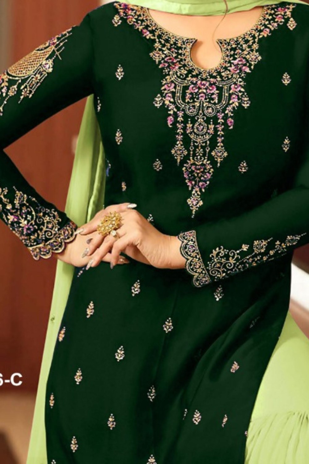Green Georgette Sharara Set for Women for Wedding & Mehndi Ceremory - Thread Embroidery Work - hem and footwear detail