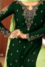Green Georgette Sharara Set for Women for Wedding & Mehndi Ceremory - Thread Embroidery Work - hem and footwear detail