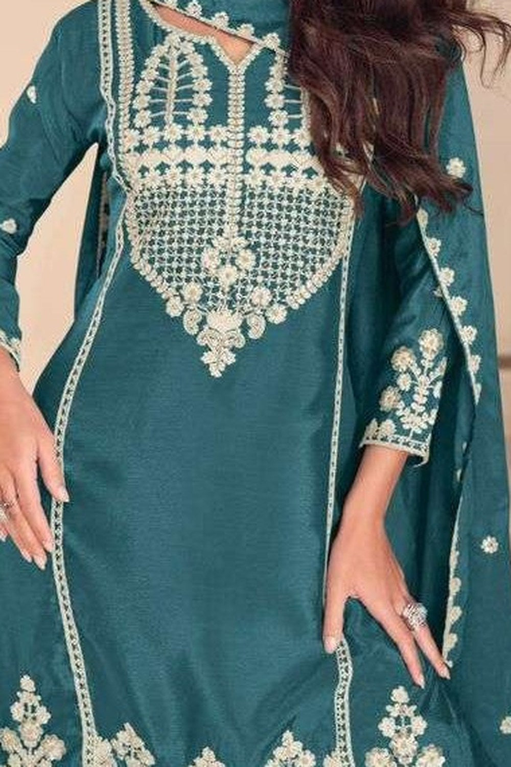 Teal Chinon Silk Sharara Suit For Indian & Pakistani Wedding Festival - Embroidery Work, Khatli Work - hem and footwear detail