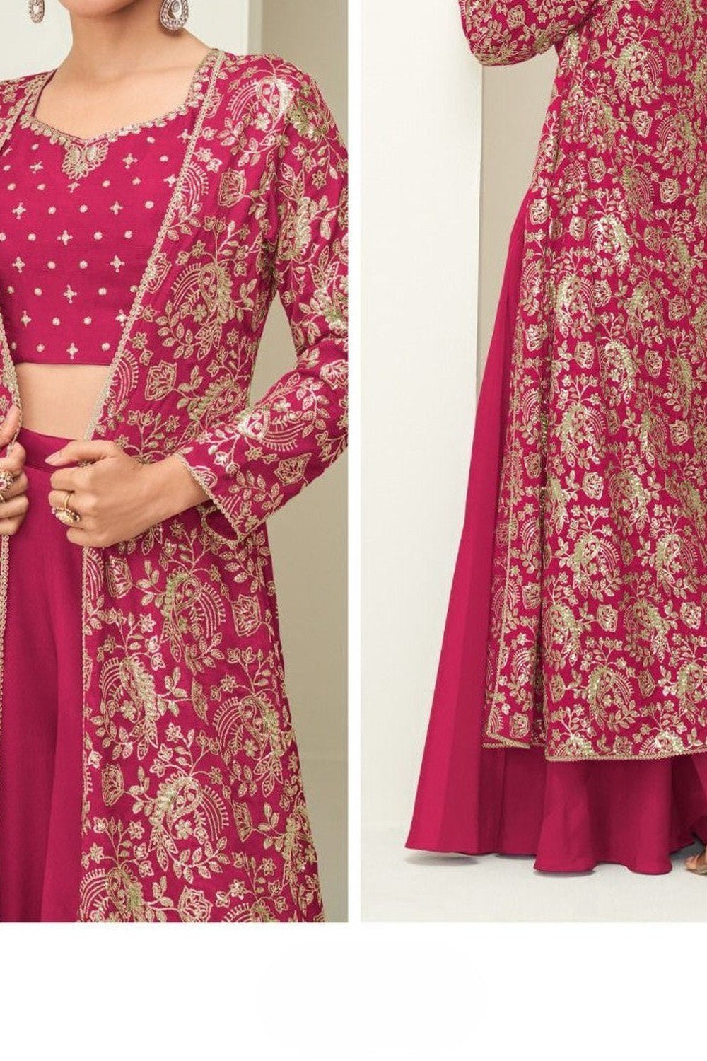 Pink Chinon Silk Crop Top with Long Jacket & Palazzo with Thread & Sequins Work - hem and footwear detail