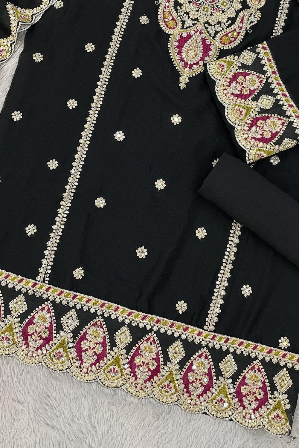 Black Chinon Silk Kameez With Palazzo Suit For Indian & Pakistani Wedding Festival - Thread & Sequence Embroidery - hem and footwear detail