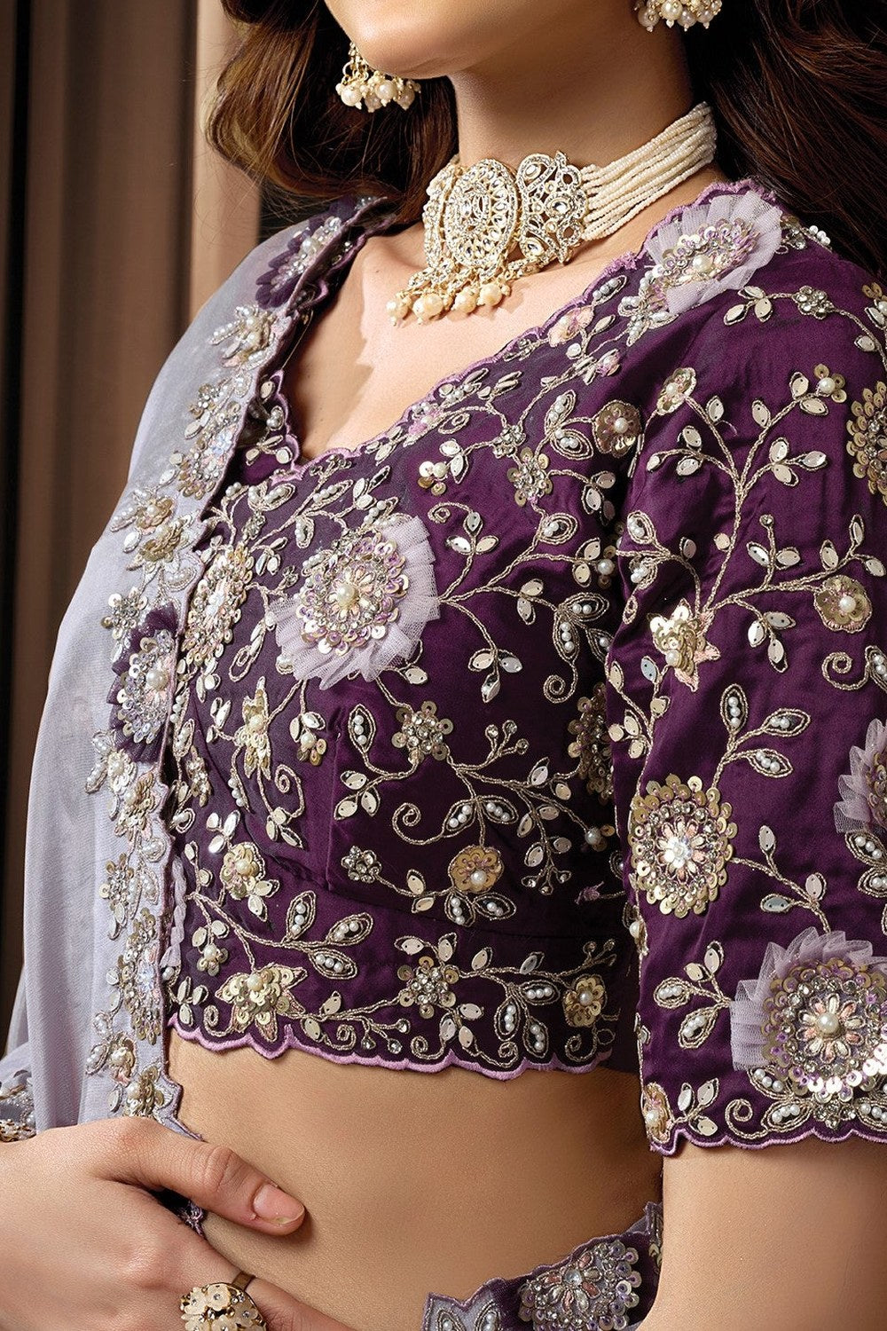 Dusty Purple Satin Saree for Wedding Guest - Sequin, Applique & Pearl Hand Work - hem and footwear detail