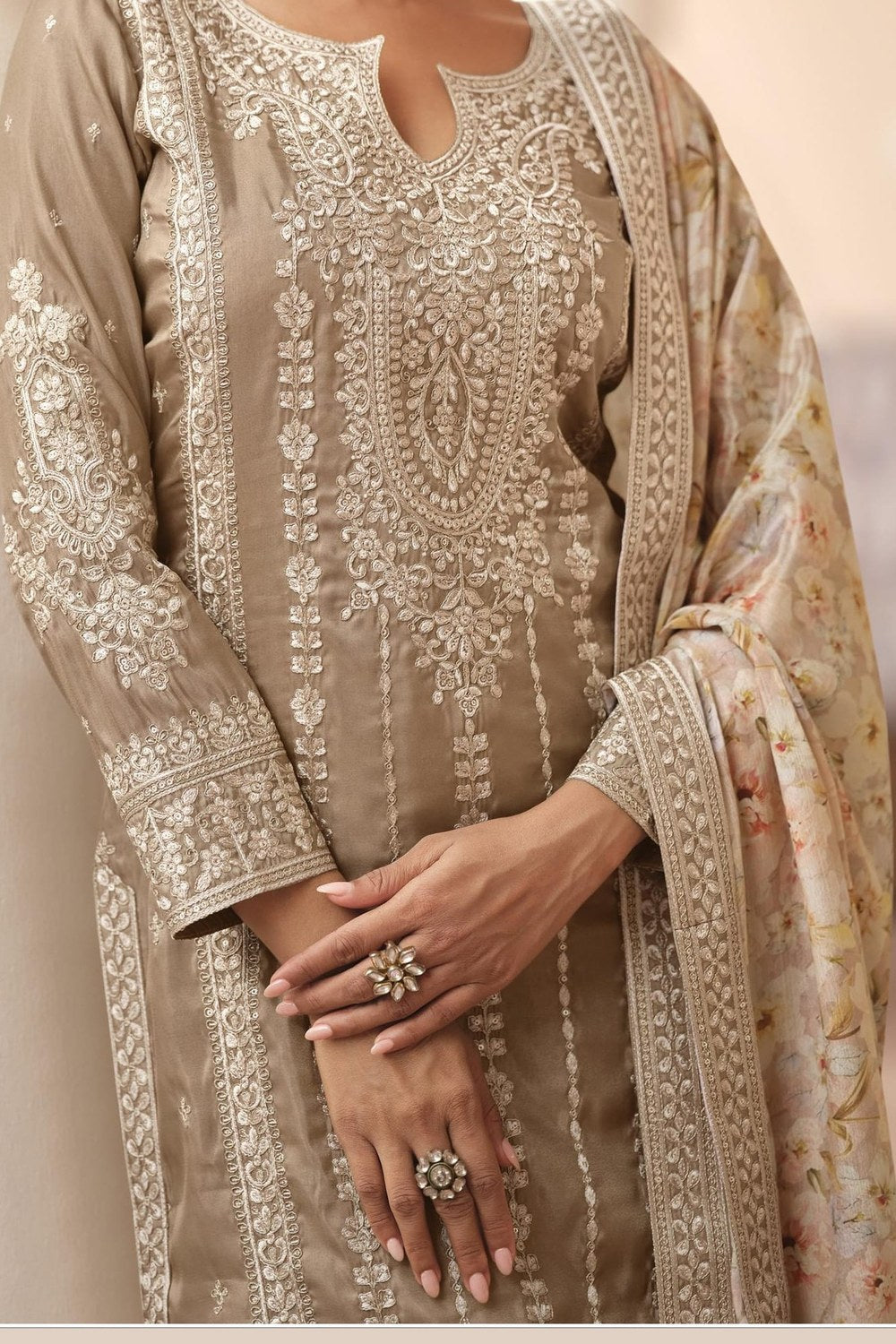Beige Chinon Silk Pastel Color Plazo Suit Floral For Indian & Pakistani Wedding Festival - Thread & Sequins Embroidery Work, Print Work - hem and footwear detail