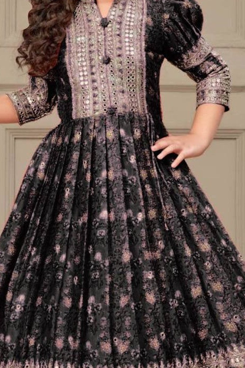 Black Chinon Silk Kids Wear Girls Flower Printed Gown with Dupatta Suit for Kids for Festivals & Wedding - Sequence Embroidery Work, Print Work - detail view