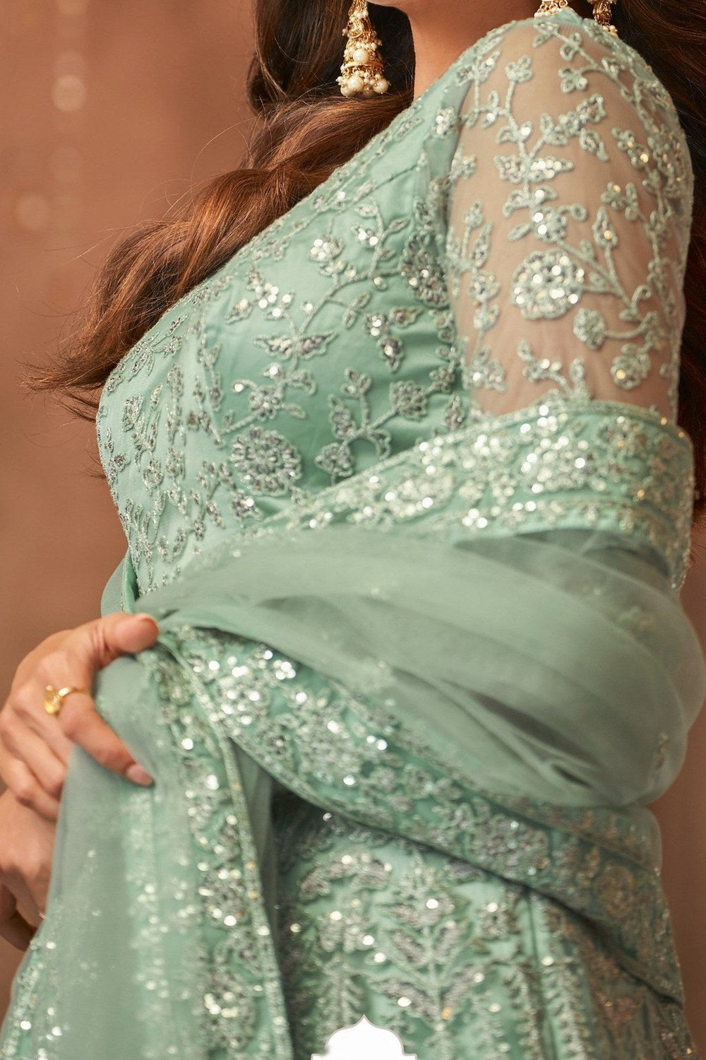 Light Green Net Indian Wedding Guests Outfits for Mehndi in Anarkali Style - Embroidery Work RTS - hem and footwear detail