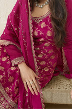 Magenta Jacquard Silk Palazzo Suit For Indian Festivals & Pakistani Plazo Weddings Dress - Embroidery Work - hem and footwear detail