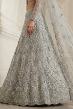Grey Net Sangeet Lehenga Choli with Thread & Sequin Embroidery - hem and footwear detail