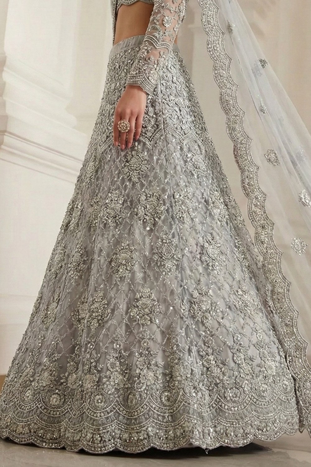 Grey Net Sangeet Lehenga Choli with Thread & Sequin Embroidery - hem and footwear detail