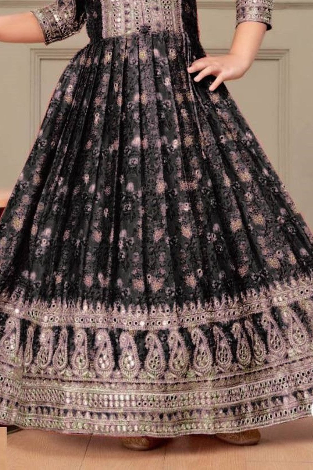 Black Chinon Silk Kids Wear Girls Flower Printed Gown with Dupatta Suit for Kids for Festivals & Wedding - Sequence Embroidery Work, Print Work - hem and footwear detail