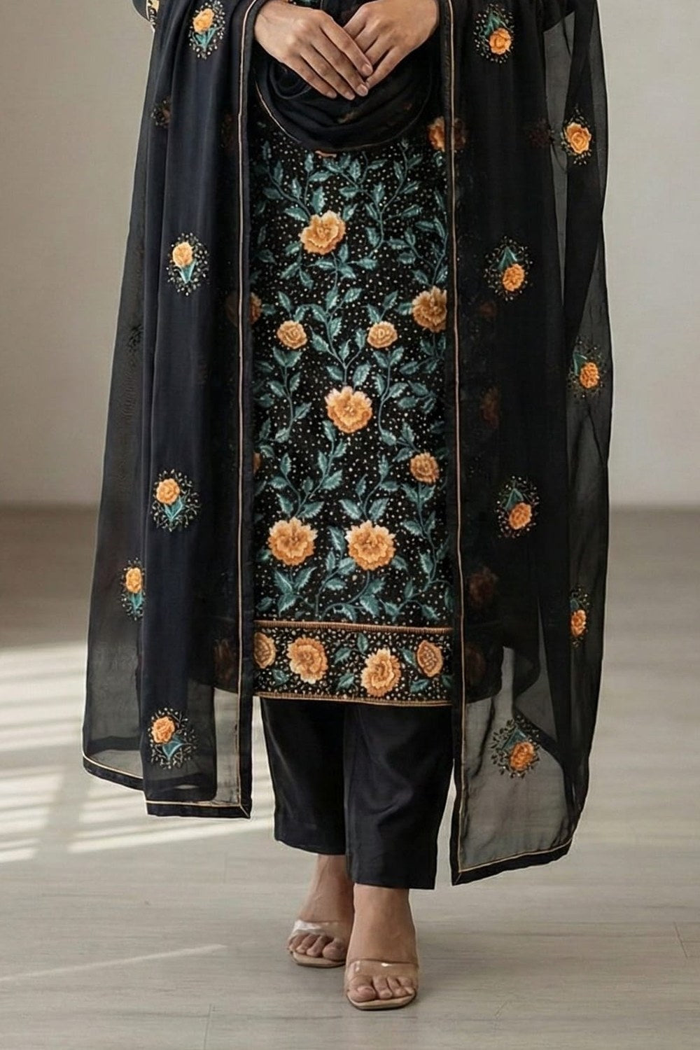 Black Georgette Kameez With Pant For Indian & Pakistani Wedding Festival - Thread & Sequins Embroidery Work - hem and footwear detail