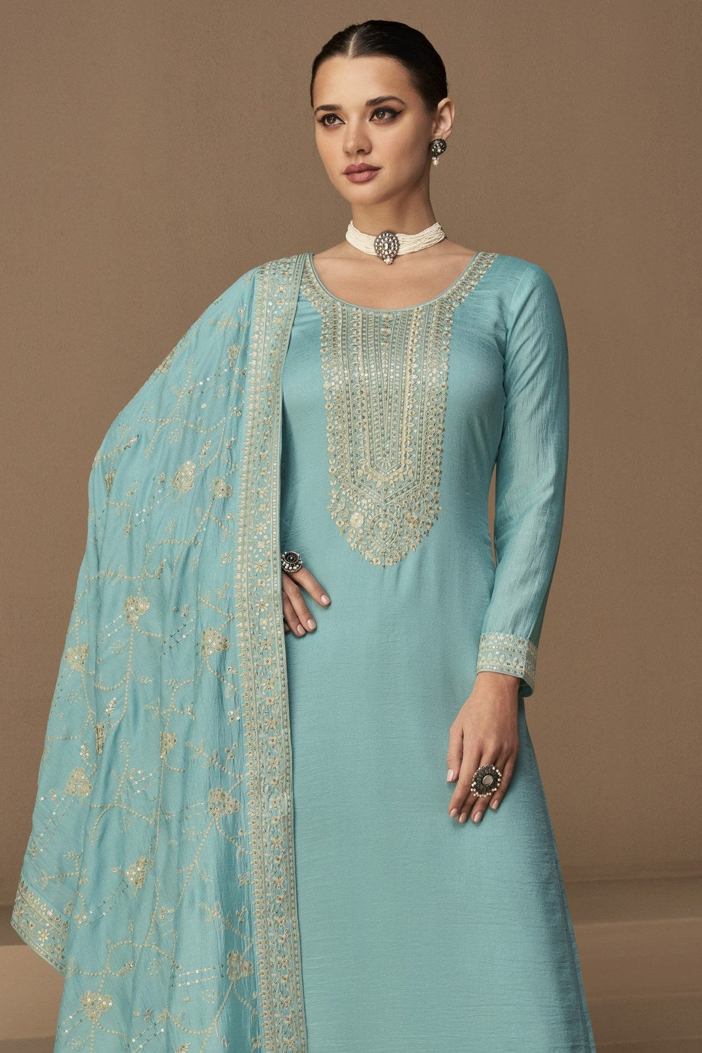 Blue Chinon Silk Kameez Pant Suit For Indian Festivals & Weddings - Thread Embroidery Work, - close-up view