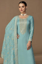 Blue Chinon Silk Kameez Pant Suit For Indian Festivals & Weddings - Thread Embroidery Work, - close-up view
