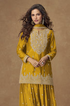 Golden Pakistani Suits Palazo with Thread and Sequins Embroidery - close-up view