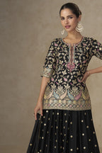 Black Chinon Silk Palazzo Suit For Indian & Pakistani Wedding Festival - Sequins & Thread Embroidery Work - close-up view