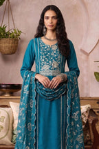 Teal Dress for Wedding - Kameez with Pant in Organza with Embroidery - close-up view