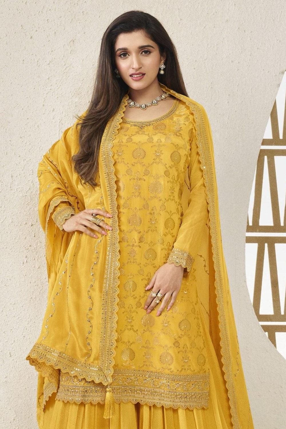 Yellow Jacquard Silk Palazzo Suit For Indian Festivals & Pakistani Plazo Weddings Dress - Embroidery Work - close-up view
