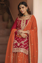 Orange Chinon Silk Plazo Suit For Indian & Pakistani Wedding Festival - Dori Work, Sequence Embroidery Work - close-up view