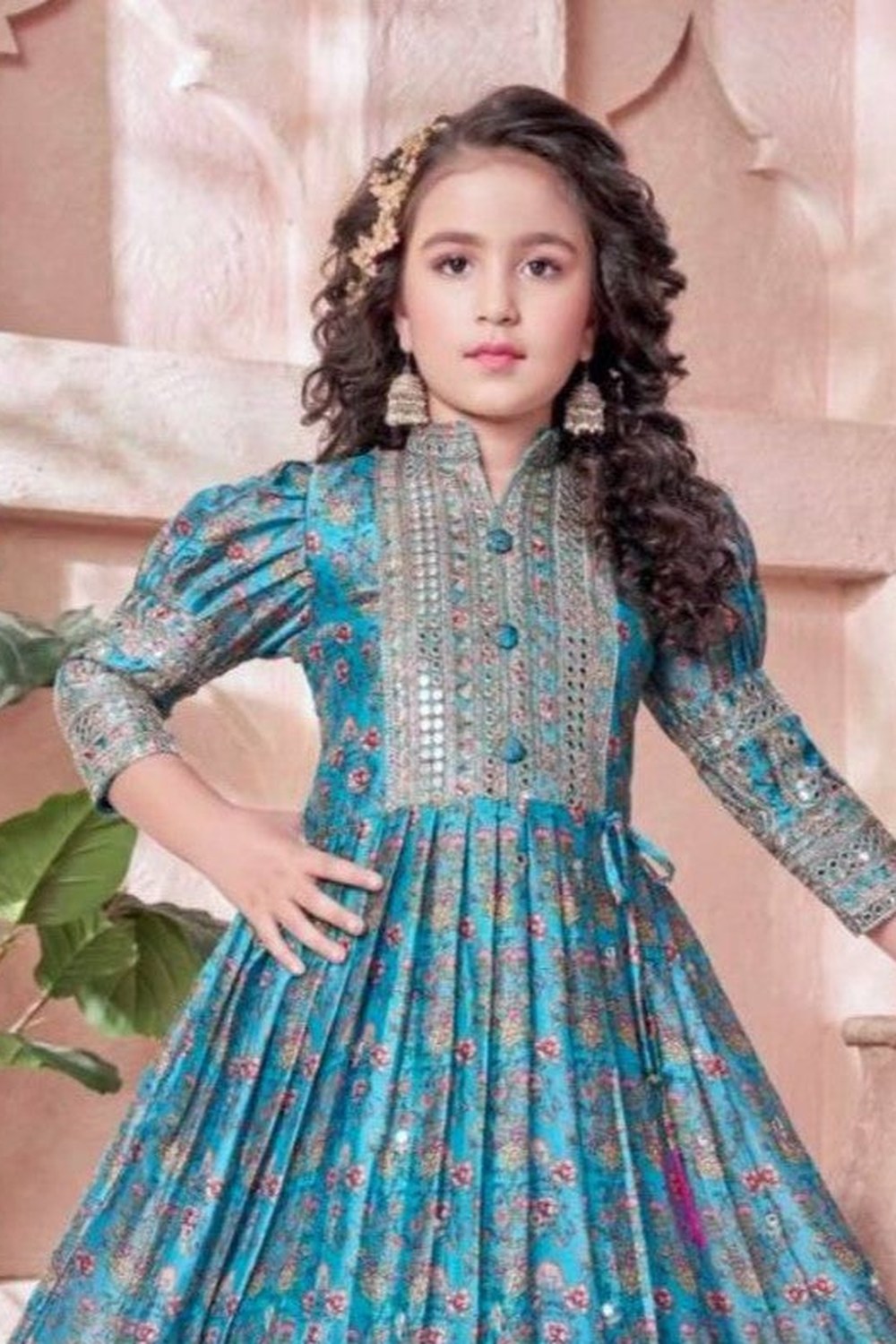 Teal Chinon Silk Kids Wear Girls Flower Printed Gown with Dupatta Suit for Kids for Festivals & Wedding - Sequence Embroidery Work, Print Work - close-up view