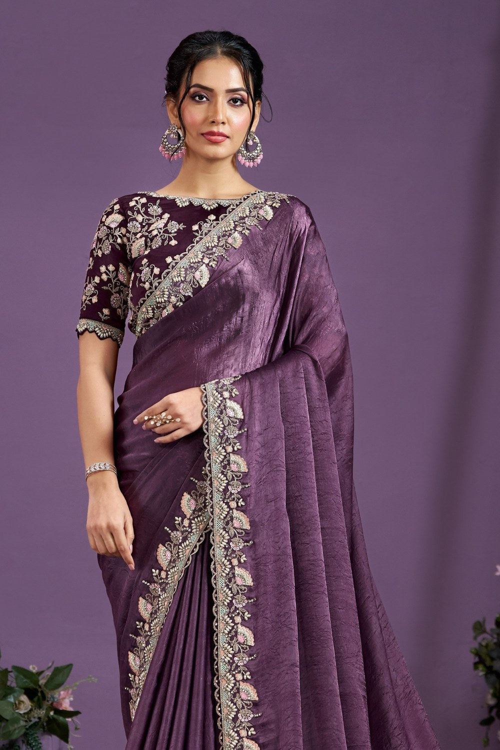 Purple Crepe Satin Crush Silk Saree With Stitched Blouse For Indian & Pakistani Wedding Festival - Sequence Embroidery Work, Stone Work - close-up view