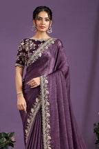 Purple Crepe Satin Crush Silk Saree With Stitched Blouse For Indian & Pakistani Wedding Festival - Sequence Embroidery Work, Stone Work - close-up view