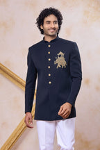 Light Navy Blue Gents Indo Western with Zardosi & Bead Hand Work - close-up view