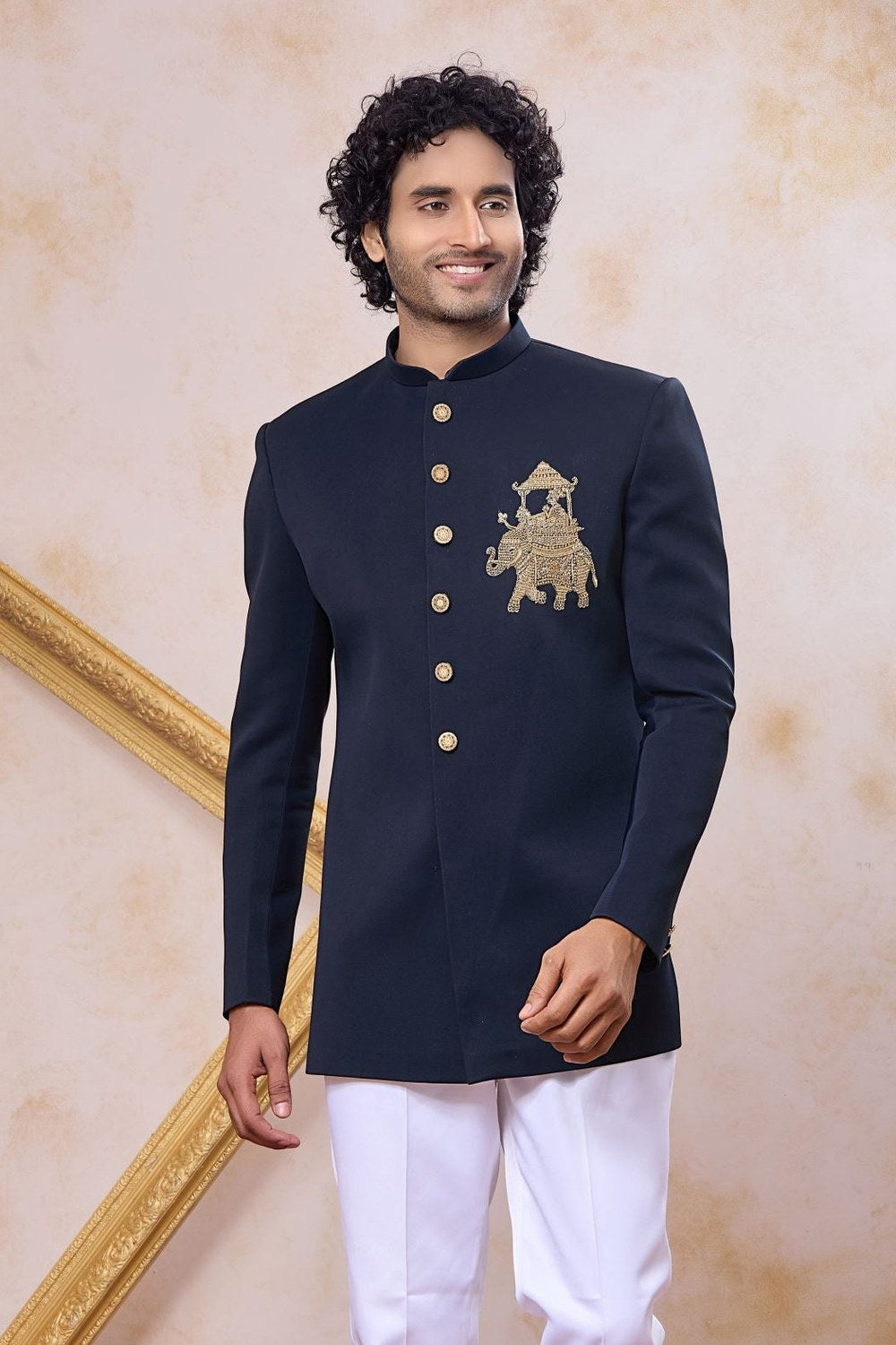 Light Navy Blue Gents Indo Western with Zardosi & Bead Hand Work - close-up view