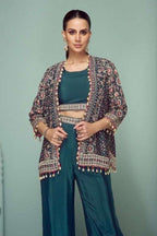 Teal Chinon Silk Indian Wedding Dresses with Mirror Work - close-up view