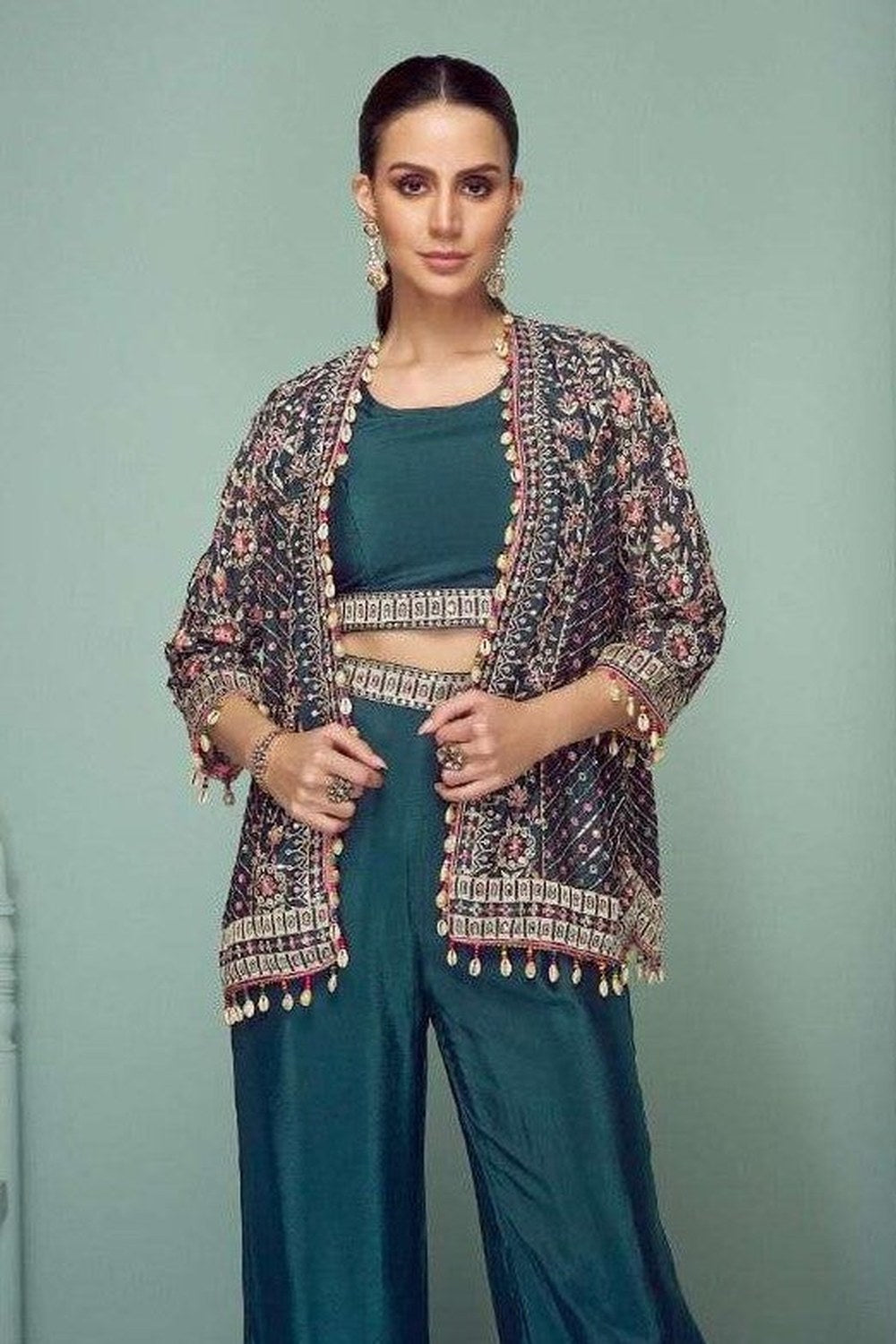 Teal Chinon Silk Indian Wedding Dresses with Mirror Work - close-up view
