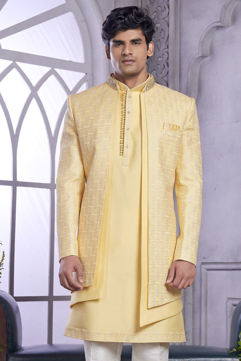 Light Yellow Art Silk Indo Western Traditional Sherwani Kurta with Jacket & Pant for Men for Wedding - Embroidery Work - close-up view