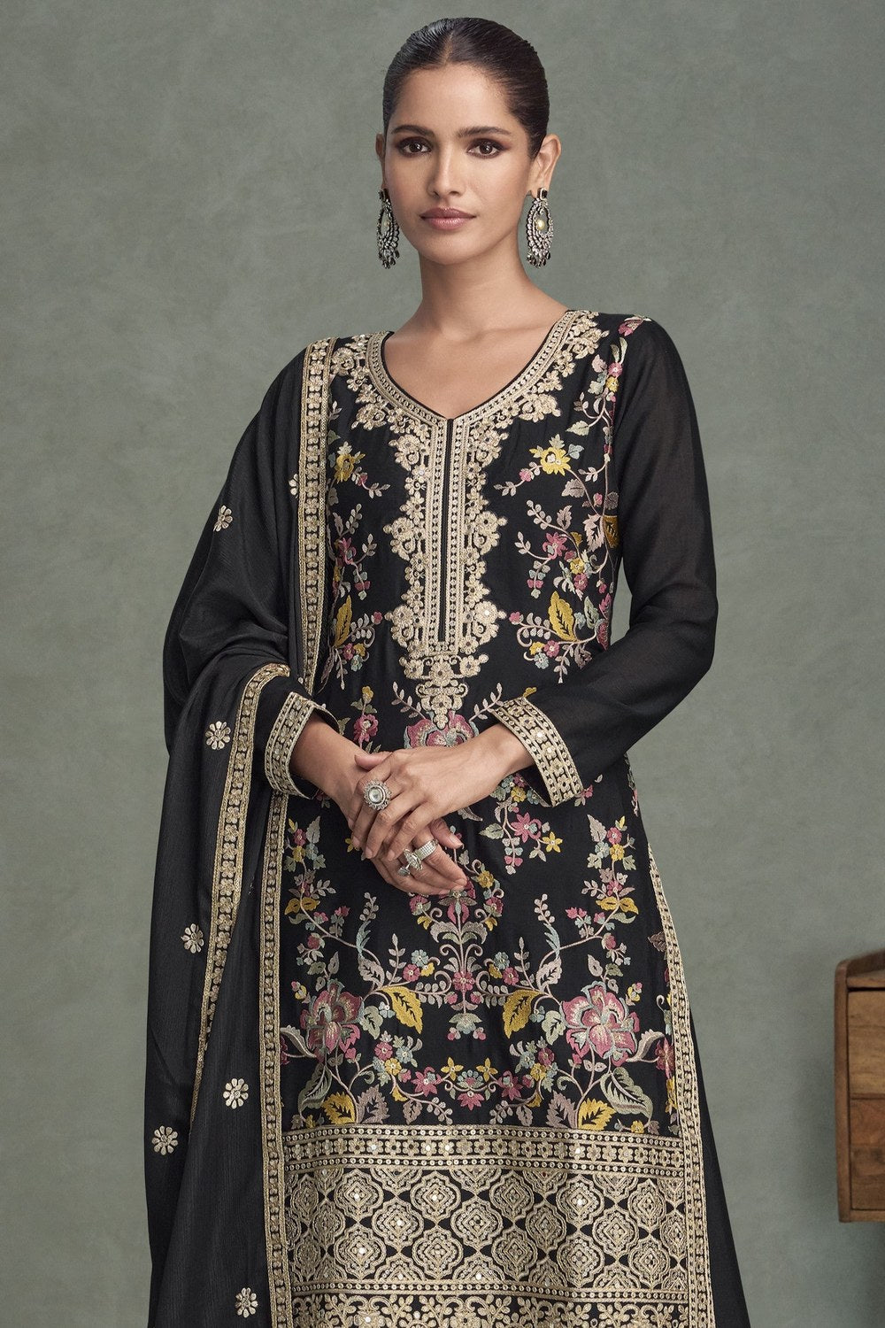 Black Chinon Silk Palazzo Suit For Indian Wedding & Pakistani Festival - Embroidery Work - close-up view