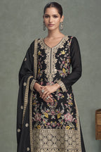 Black Chinon Silk Palazzo Suit For Indian Wedding & Pakistani Festival - Embroidery Work - close-up view