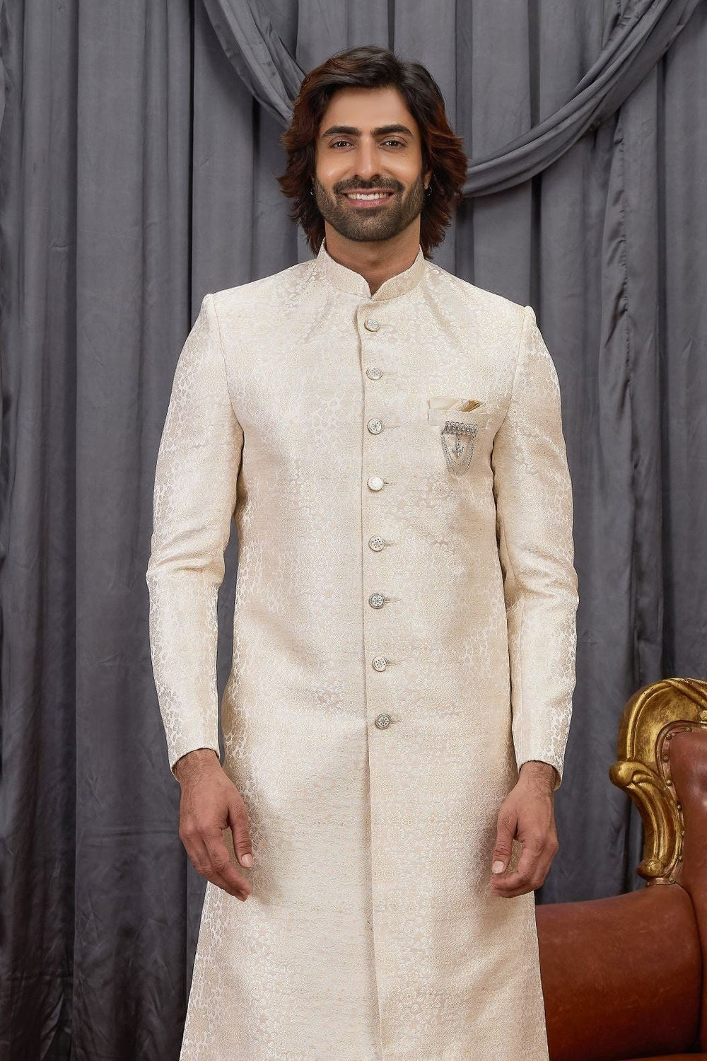 Cream Jacquard Sherwani with Woven Work - Mens Wear Kurta Pajama - close-up view