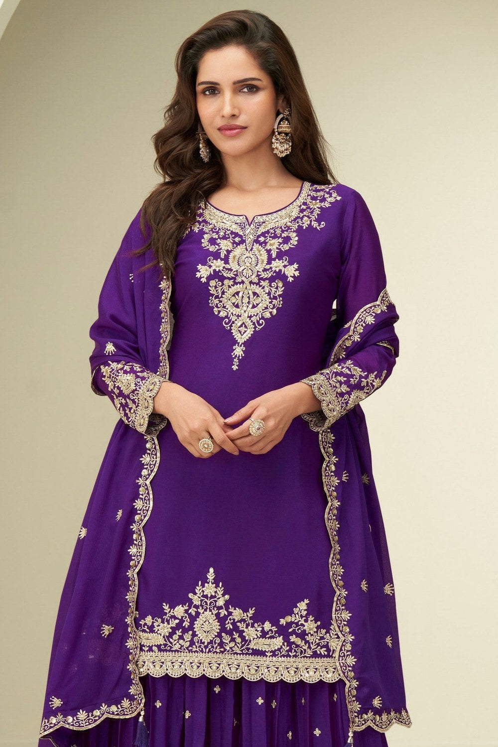 Purple Chinon Silk Plazo Suit For Indian & Pakistani Wedding Festival - Thread & Sequins Embroidery Work - close-up view