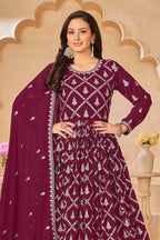 Maroon Georgette Anarkali Wear with Sequins and Thread Embroidery Work - close-up view