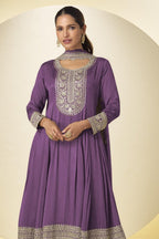 Purple Chinon Silk Palazo Suit For Indian & Pakistani Wedding Festival - Thread & Sequins Embroidery Work - close-up view