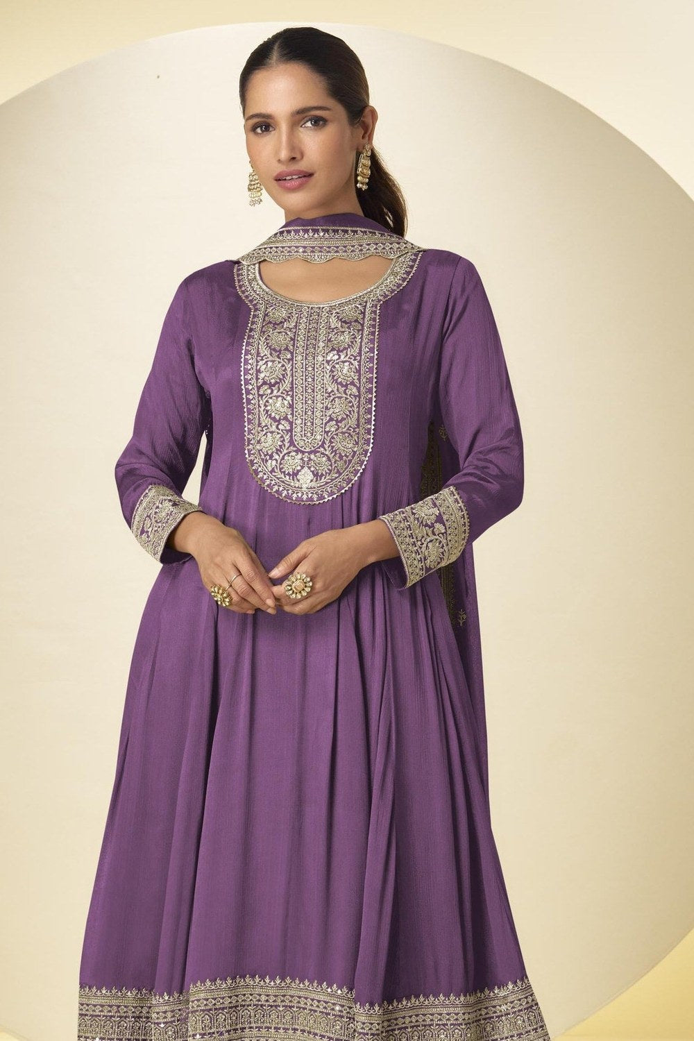Purple Chinon Silk Palazo Suit For Indian & Pakistani Wedding Festival - Thread & Sequins Embroidery Work - close-up view