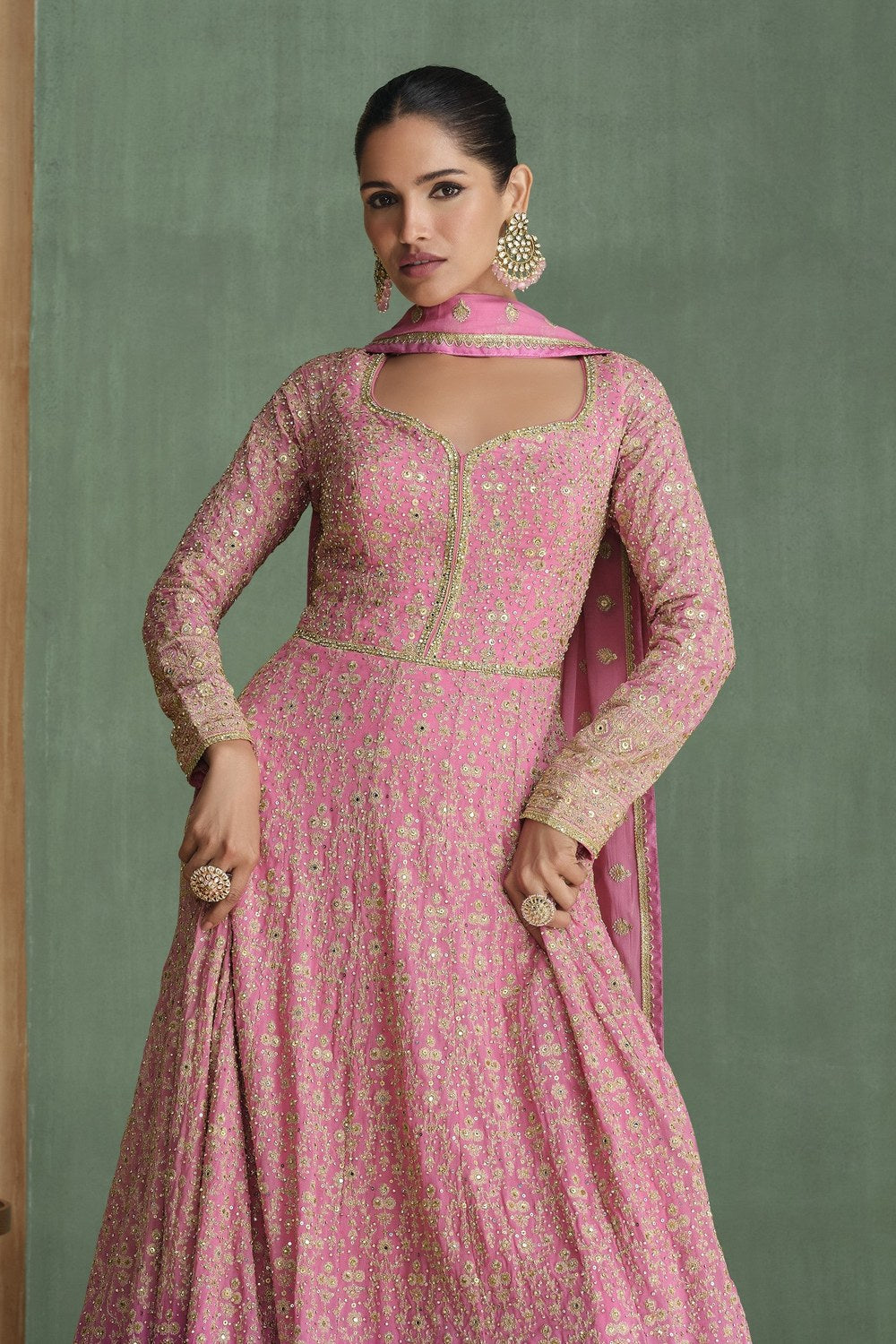 Baby Pink Dual Color Georgette Anarkali India Wedding Gowns - Embroidery Work, Swarovski Work RTS - close-up view
