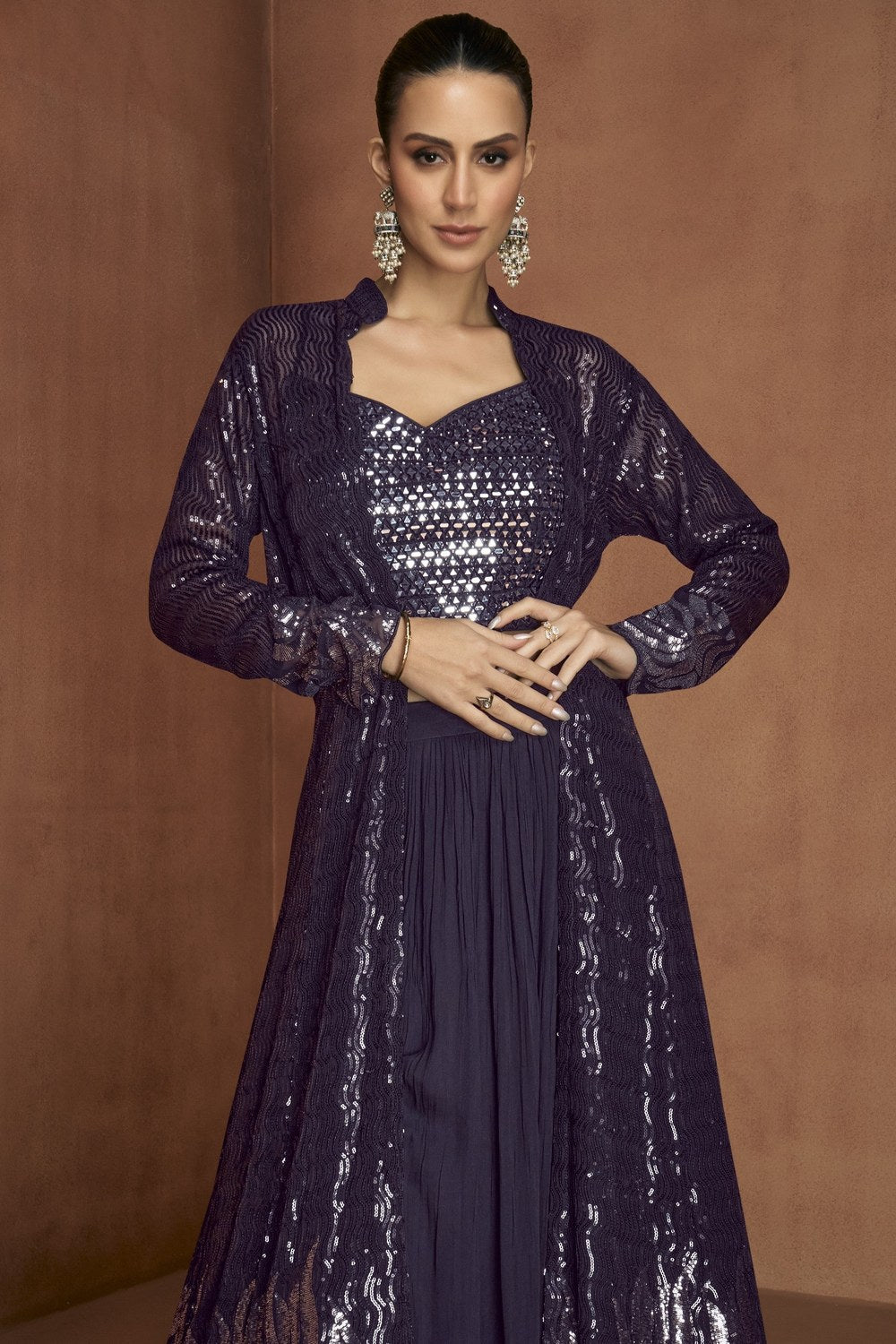Plum Party Wear Dress: Georgette Choli with Palazzo & Jacket Suit in Sequin Work - close-up view