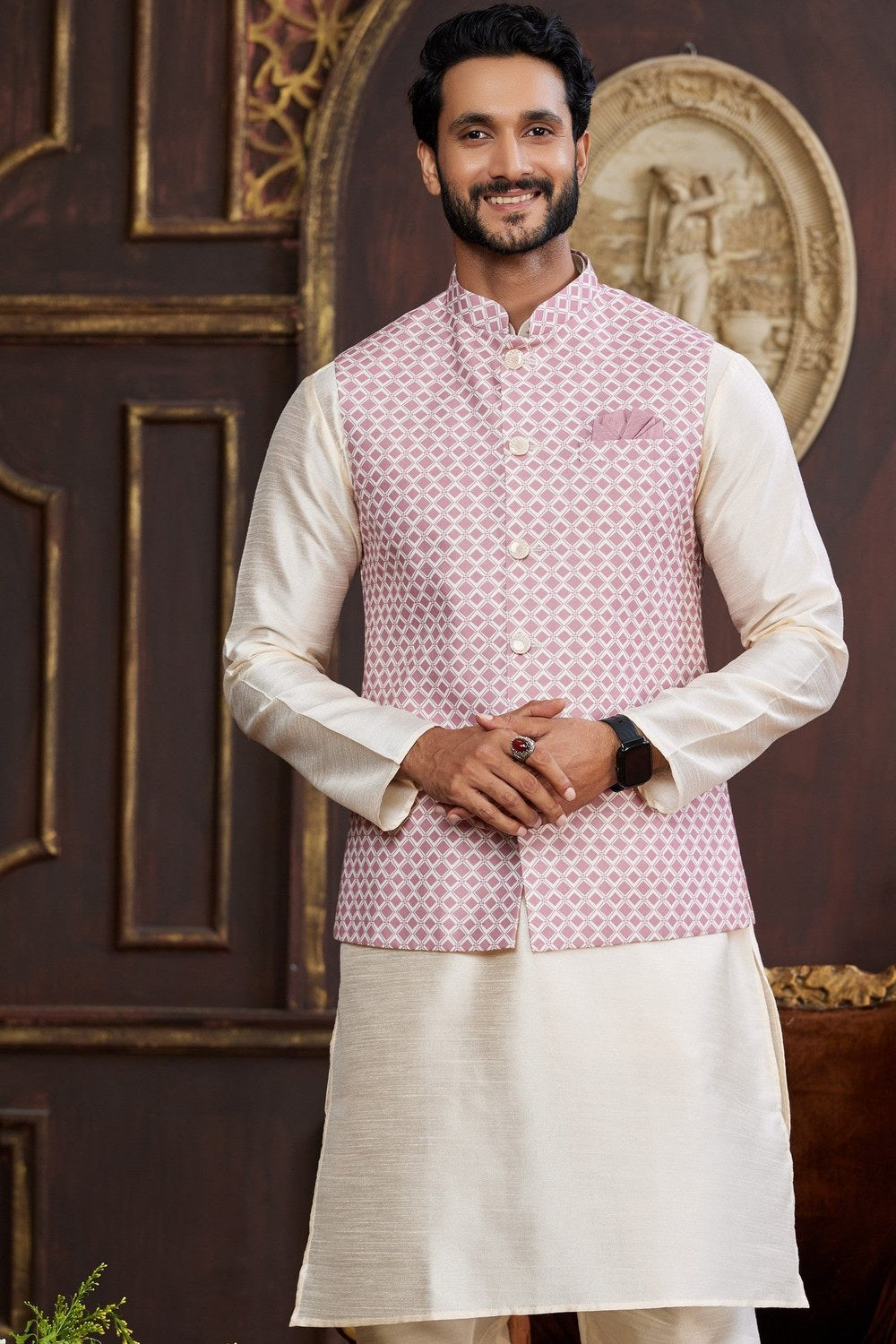 Cream Pink Art Silk Kurta Pajama with Waistcoat Jacket for Men for Wedding - Print Work - close-up view