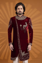 Maroon Velvet Indian Kurta for Men & Pajama with Embroidery - close-up view
