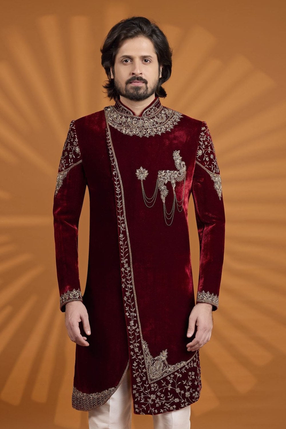 Maroon Velvet Indian Kurta for Men & Pajama with Embroidery - close-up view