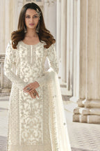 White Net Kameez Plazzo Suit For Indian Wedding & Pakistani Festival Dress - Embroidery Work - close-up view